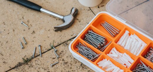 Screws and repair tools in box near hammer