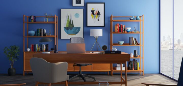 Brown Wooden Desk With Rolling Chair and Shelves Near Window